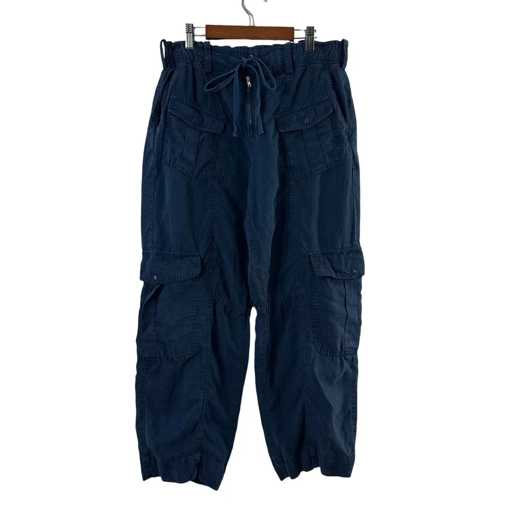 Zara Navy Blue Linen Blend Cargo Utility Pants High Rise Paperbag Waist Size M